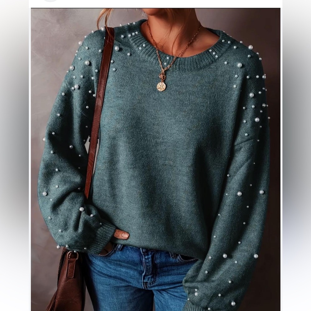 Women's Teal Pearl-Embellished Sweater - Picture 3 of 11